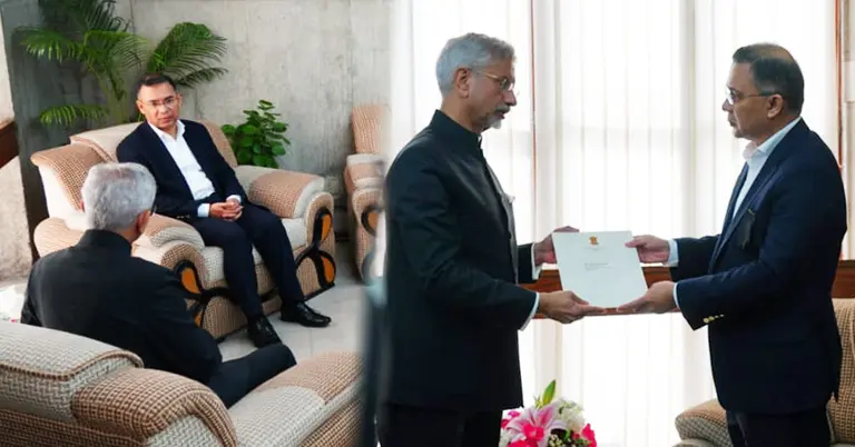 তারেক রহমানের হাতে শোকবার্তা তুলে দিচ্ছেন এস জয়শঙ্কর